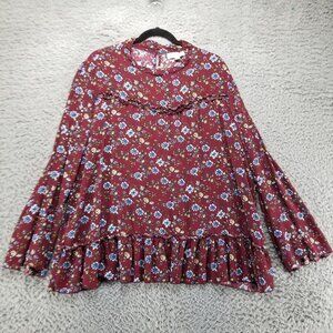 Susan Betro Shirt Womens 4X Weekend Red Floral Cottagecore Bell Sleeve Ruffle